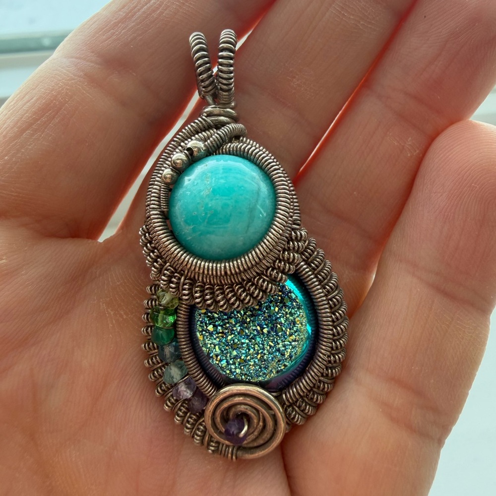 Elegant Wire Wrapped Pendant with Turquoise & Quartz druzy